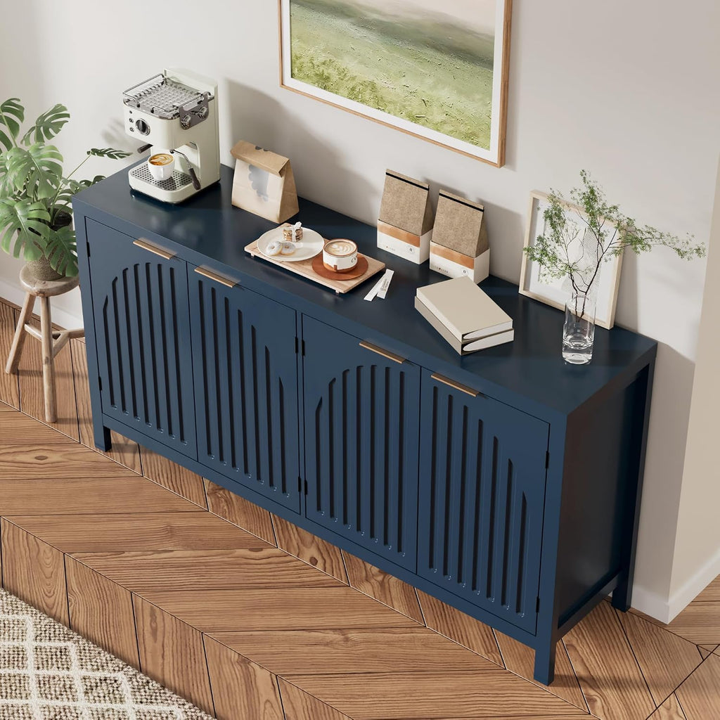 Fluted Sideboard Buffet Cabinet with Storage, 58" Mid Century Modern Accent Cabinet with Arch Doors, Large Wood Media TV Console Table Credenza for Dining Room, Kitchen, Living Room Entryway, Blue