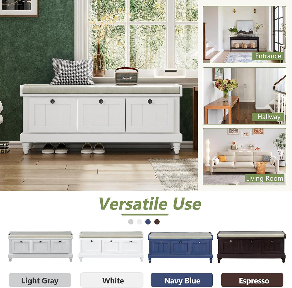 TREXM Classic Shoe Bench with Cushion & 3 Drawers, Fluted Storage Entryway Bench for Hallway, Living Room, White