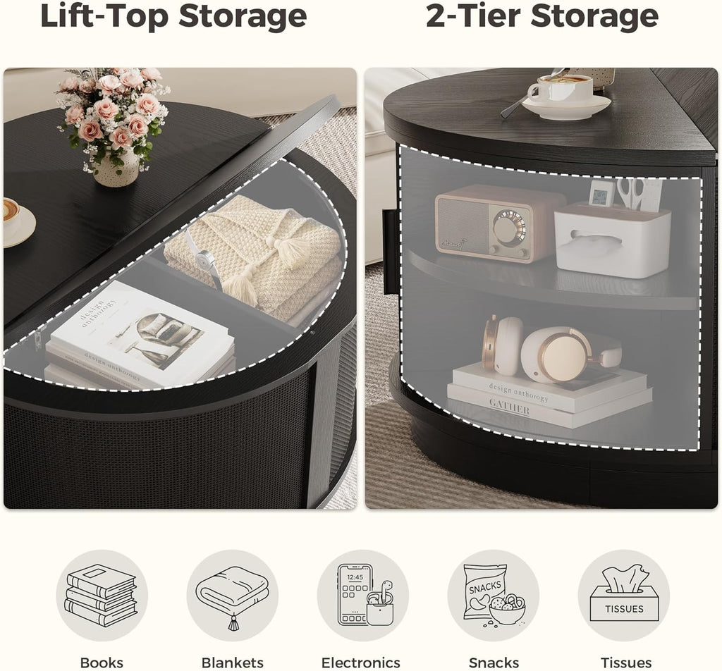 LIKIMIO Round Coffee Table with Storage, 360° Rotating Fluted Rattan Coffee Table for Living Room, 31.5" Modern Center Table with Sliding Cabinet Doors for Small Space, Office, Black