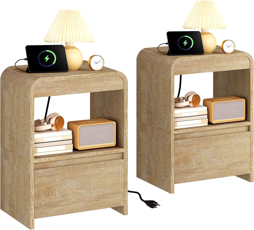 End Tables Living Room Set of 2, Bedside Table with Drawer and Storage, Set of 2, Nightstand with Charging Station, Wood End Table Curved Modern Night Stand for Bedroom, Living Room, Natural