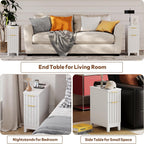 LAZZO End Tables Living Room Set of 2 Narrow End Table 7.9" Nightstands Set of 2 Modern Fluted Front Bedside Tables with 2 Drawers and Charging Station for Living Room, Bedroom, Small Space White