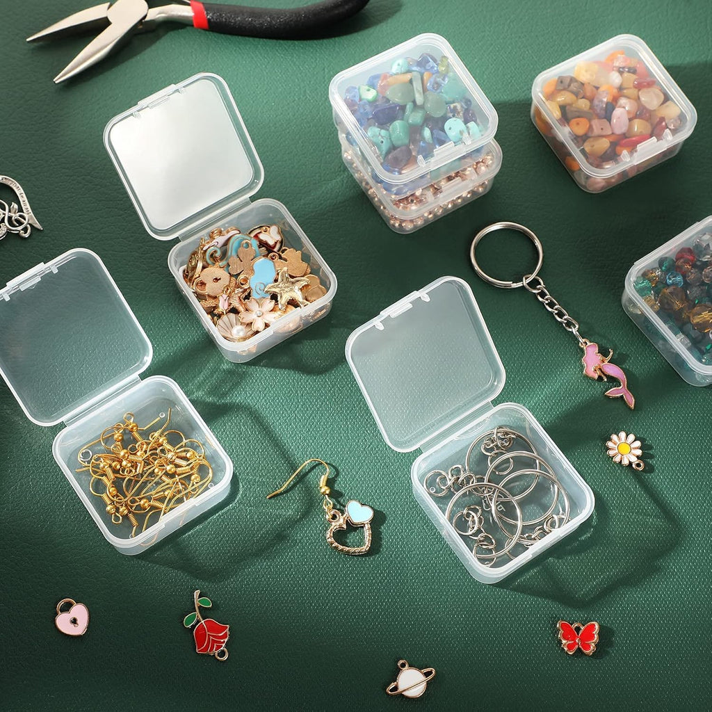 SATINIOR 500 Pcs Clear Plastic Beads Storage Containers Box Small Clear Boxes with Hinged Lid Plastic Arts Case Mini Square Crafts Storage Organizers for Small Items (1.7 × 1.7 × 0.8 Inch)