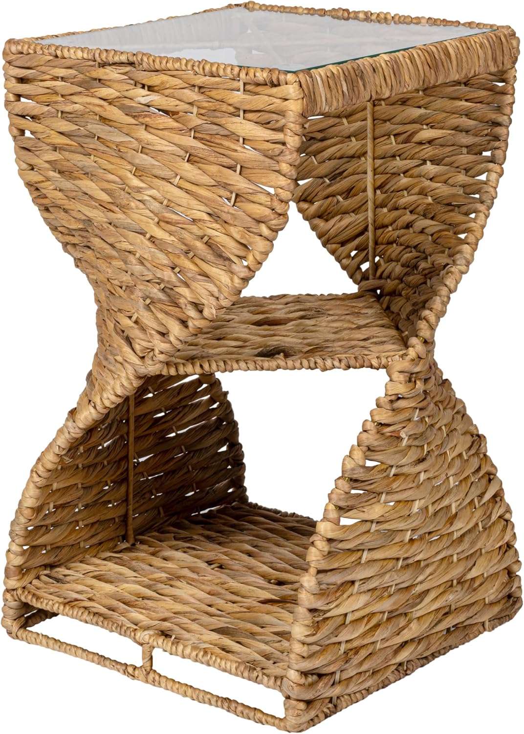 JONATHAN Y Suraya Woven Water Hyacinth Side Table with Glass Top, 23" Hourglass End Table with Storage Shelf for Living Room, Bohemian Accent Nightstand, Fully Assembled, Natural TBL2506A