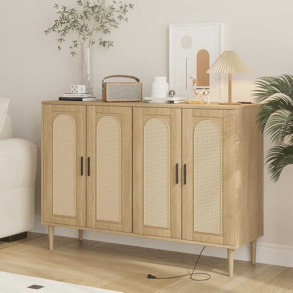 Patikuin Rattan Sideboard Buffet Cabinet, Boho Accent Storage Cabinet, 4 Doors Console Table Coffee Bar with Power Outlet, Adjustable Shelves for Kitchen, Dining Room, Hallway, Living Room