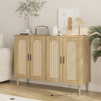 Patikuin Rattan Sideboard Buffet Cabinet, Boho Accent Storage Cabinet, 4 Doors Console Table Coffee Bar with Power Outlet, Adjustable Shelves for Kitchen, Dining Room, Hallway, Living Room