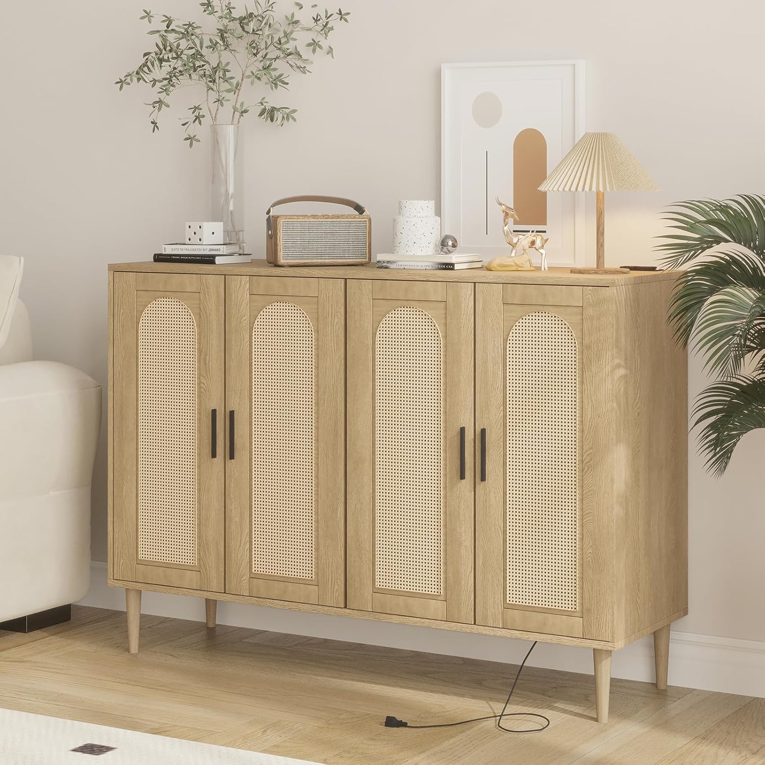 Patikuin Rattan Sideboard Buffet Cabinet, Boho Accent Storage Cabinet, 4 Doors Console Table Coffee Bar with Power Outlet, Adjustable Shelves for Kitchen, Dining Room, Hallway, Living Room