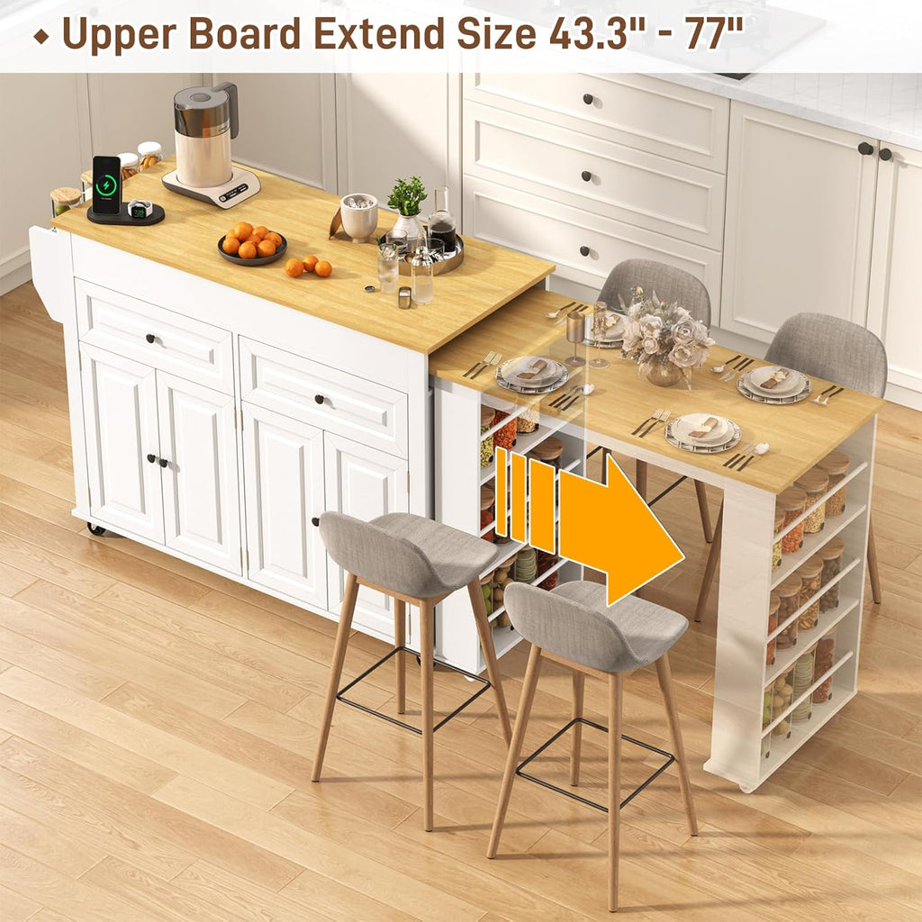 80"-48" Extendable Kitchen Island with Extended Dining Table and Power Outlet,Large Mobile Kitchen Storage Islands with 2 Storage Drawers,Rolling Islands Cart with 3 Extra Rows Open Shelves(White)