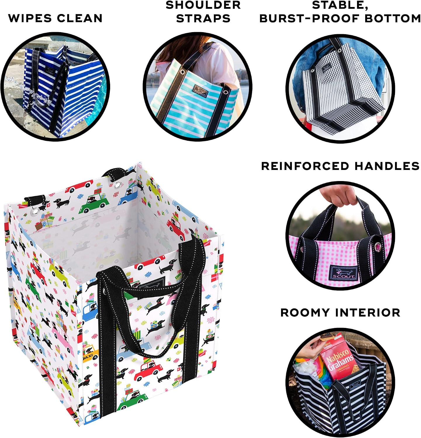 SCOUT Bagette Market Tote - Large Reusable Grocery Bag with Burst-Proof Bottom, Two Sets of Straps, Folds Flat to Store