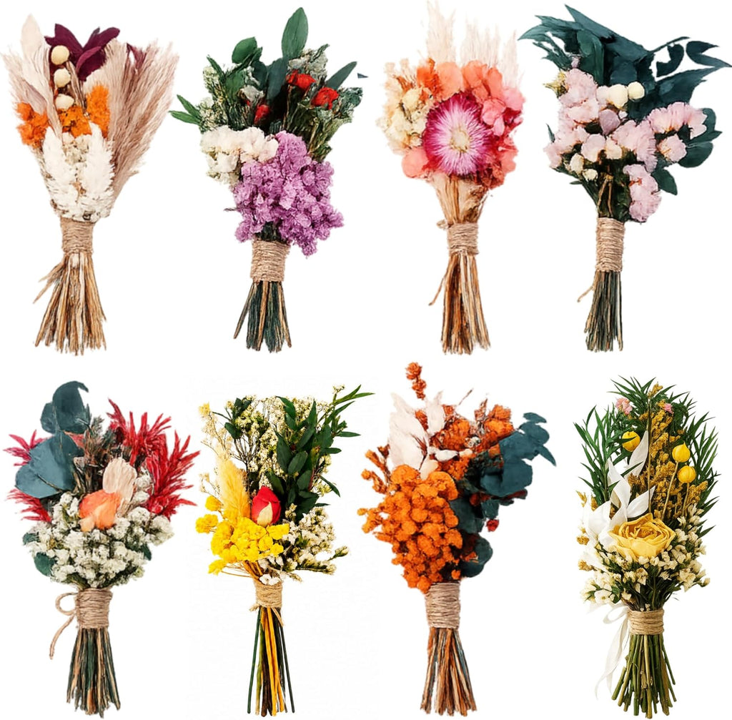 8 Pack Dried Flower Mini Bouquets Arrangement Bridesmaid Gift Natural Flower with Tags for DIY, Wedding, Birthday Decor Party Favors
