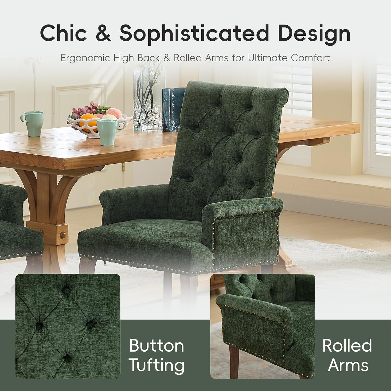 Upholstered Tufted Chenille Dining Chairs with Arms & Nailhead Trim – Solid Wood Frame & Legs, Modern Farmhouse for Dining, Kitchen & Living Room (Set of 2, Olive Green)