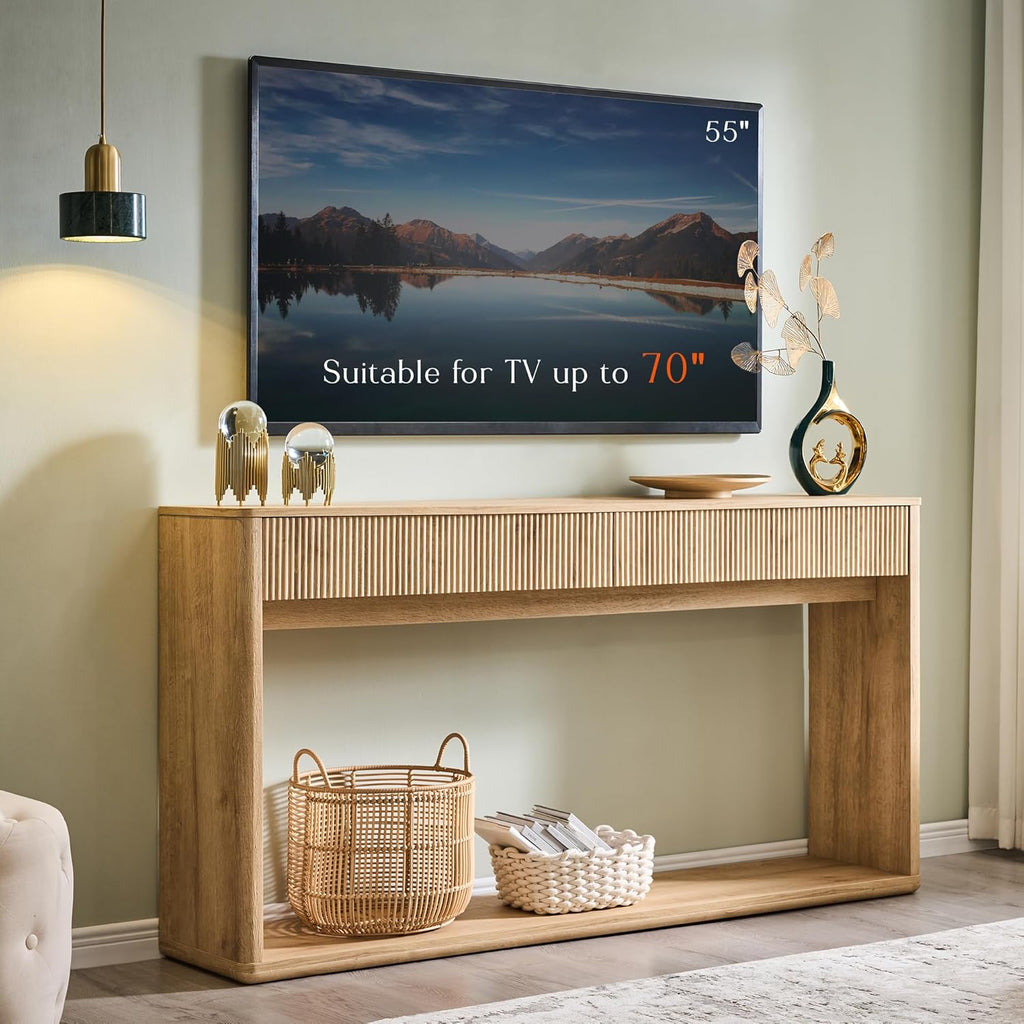 OKD 63" Fluted Console Table for Entryway, Modern Entryway Table with 2 Large Drawers, Long Sofa Table Behind Couch for Living Room, Hallway, Couch, Foyer，Natural Oak