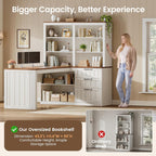 SEDETA Farmhouse L Shaped Computer Desk, 59'' Wood Office Desk with 3 Drawers and 5-Tier Bookshelf, Corner Desk with Storage Shelves and Power Outlet for Home Office Small Space, Vintage White + Brown