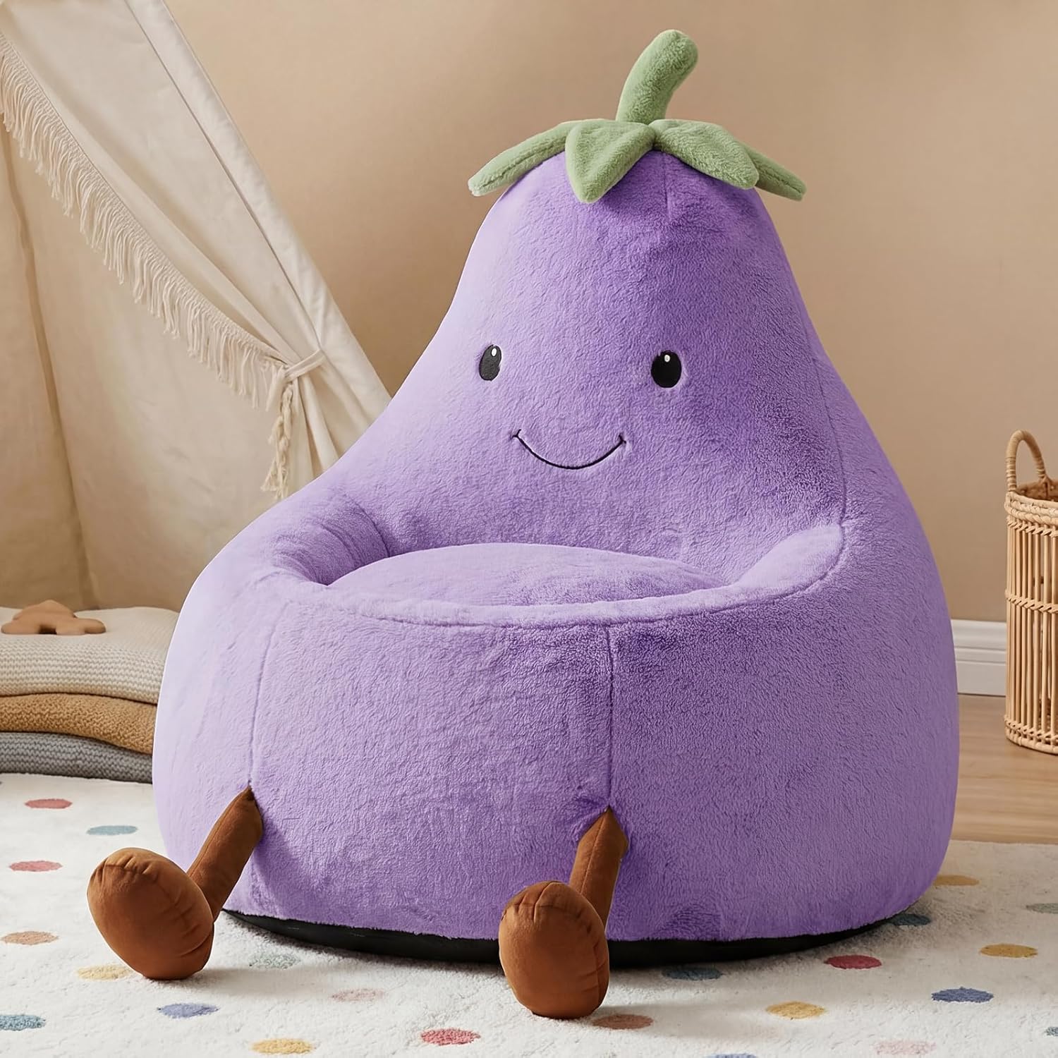 24" Kids Bean Bag Chair, Stuffed Toddler Couch with Faux Rabbit Fur Cover for Teens & Kids, Comfy Lazy Sofa Chair for Reader, Living Room, Bedroom, Aged 4-12 Years Purple