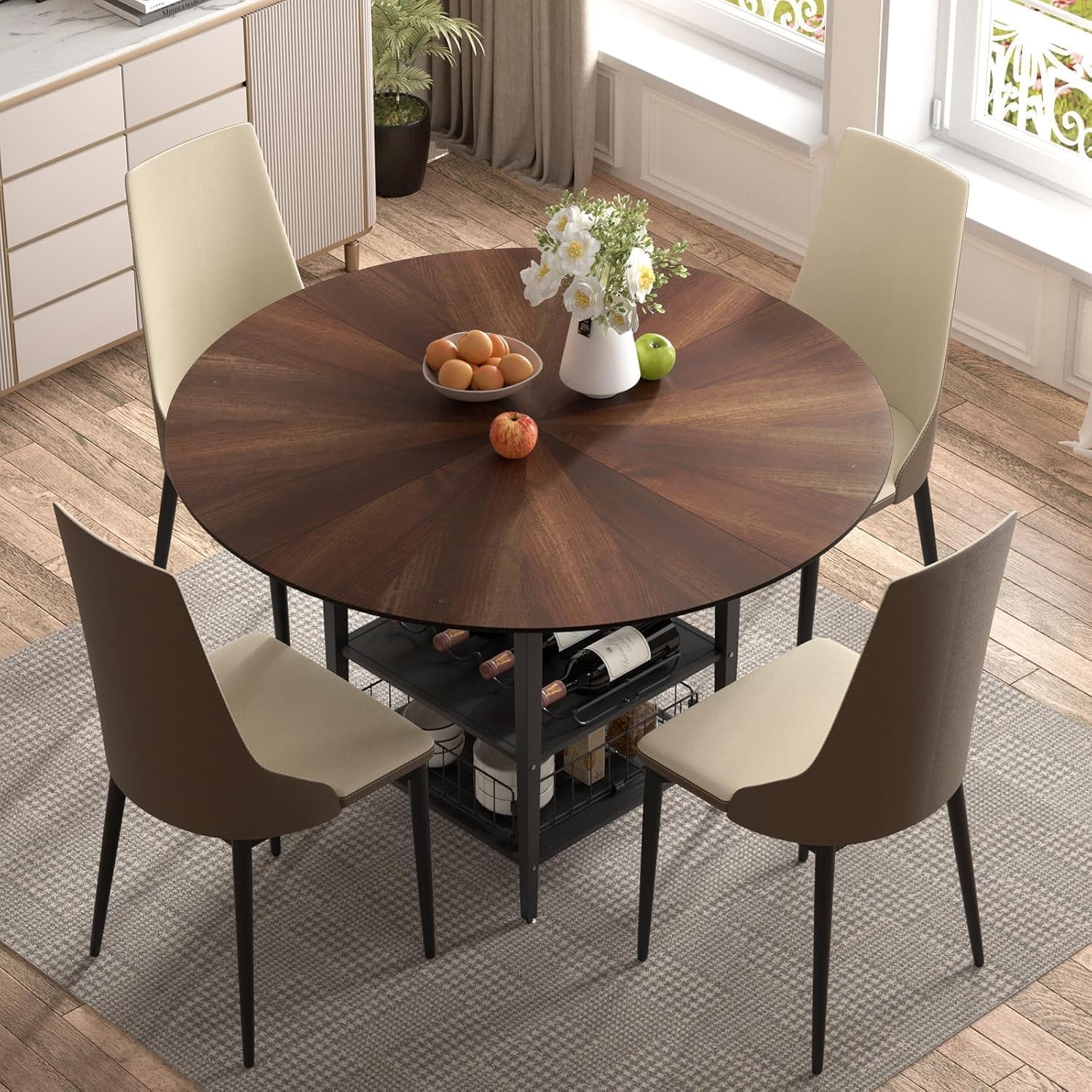VFK 47" Round Kitchen Table Set with Storage Base & Metal Legs, 5-Piece Wooden Dining Set for 4 to 6 People, Includes 4 Upholstered Chairs for Dining Room, Living Room or Kitchen