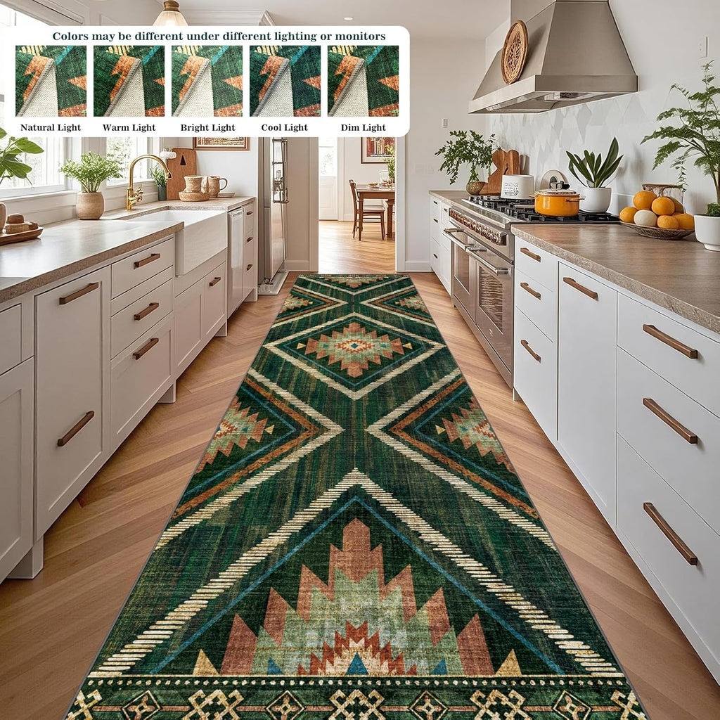 3x12Ft Boho Runner Rugs for Hallway Non Slip, Long Wide Green Geometric Washable Kitchen Rug Runner, Soft Moroccan Entryway Floor Carpets for Entrance Doorway Office Decor