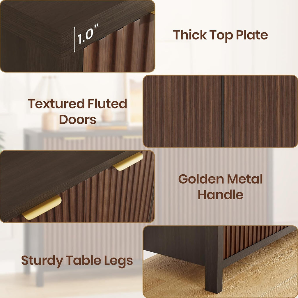 Fluted Buffet Cabinet with Storage, 55" Sideboard Cabinet with 4 Doors, Modern Credenza Accent Console Cabinet Coffee Bar Table for Living Room Dining Room Hallway, Dark Walnut