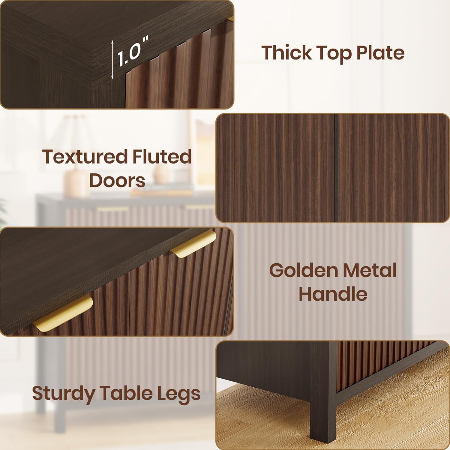 Fluted Buffet Cabinet with Storage, 55" Sideboard Cabinet with 4 Doors, Modern Credenza Accent Console Cabinet Coffee Bar Table for Living Room Dining Room Hallway, Dark Walnut