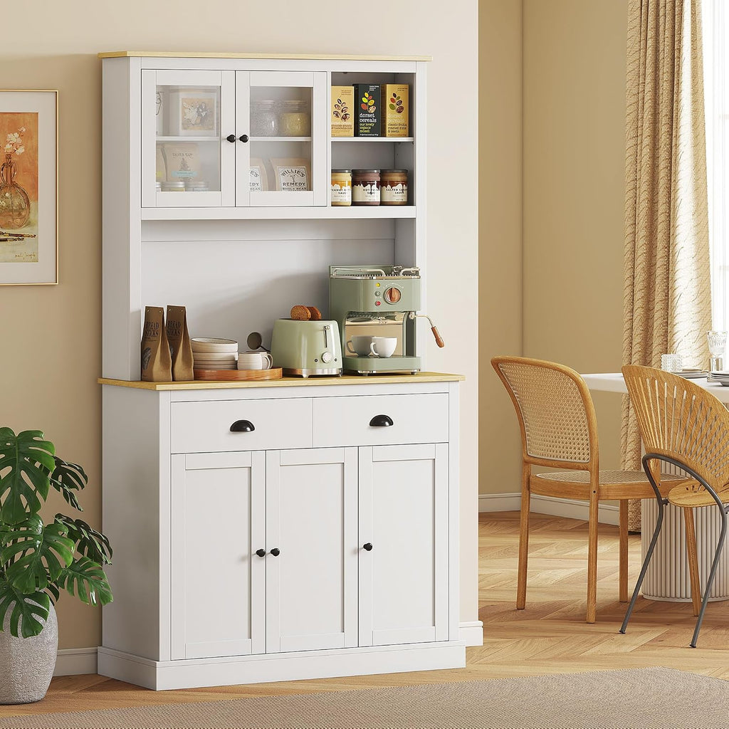 HOMCOM Kitchen Pantry Storage Cabinet with Microwave Stand, 71" Modern Kitchen Hutch with Open Countertop, Glass Doors, Storage Drawers and Adjustable Shelves for Dining Room, Coffee Bar, White