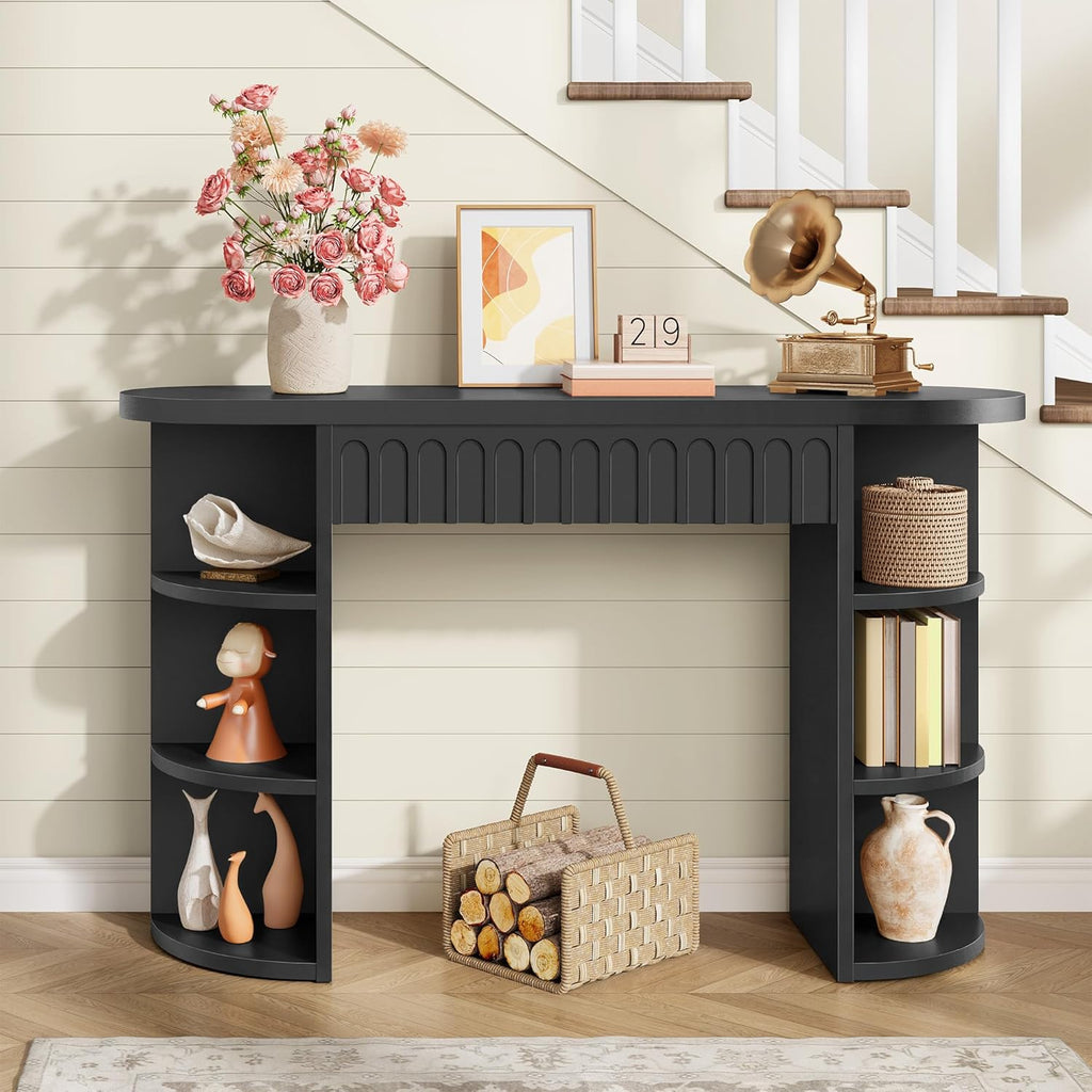 Hoctieon Fluted Console Table with Storage, Entryway Table with Side Storage Shelves, Narrow Sofa Tables Behind Couch, Hallway Tables for Living Room, Entrance, Foyer, Black