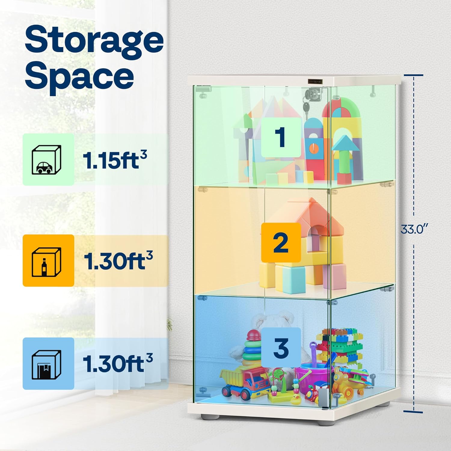 VIVOHOME 3 Layers 16''W x 16''D x 33''H Glass Display Cabinet Showcase Countertop with Lock, 4mm Tempered Glass 25mm MDF Base