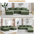 122" U Shaped Boneless Modular Sectional Sofa, Oversized 5-Seater Full Sponge Cloud Couch with Movable Ottoman, Corduroy Upholstery Couches for Living Room, No Assembly, Green
