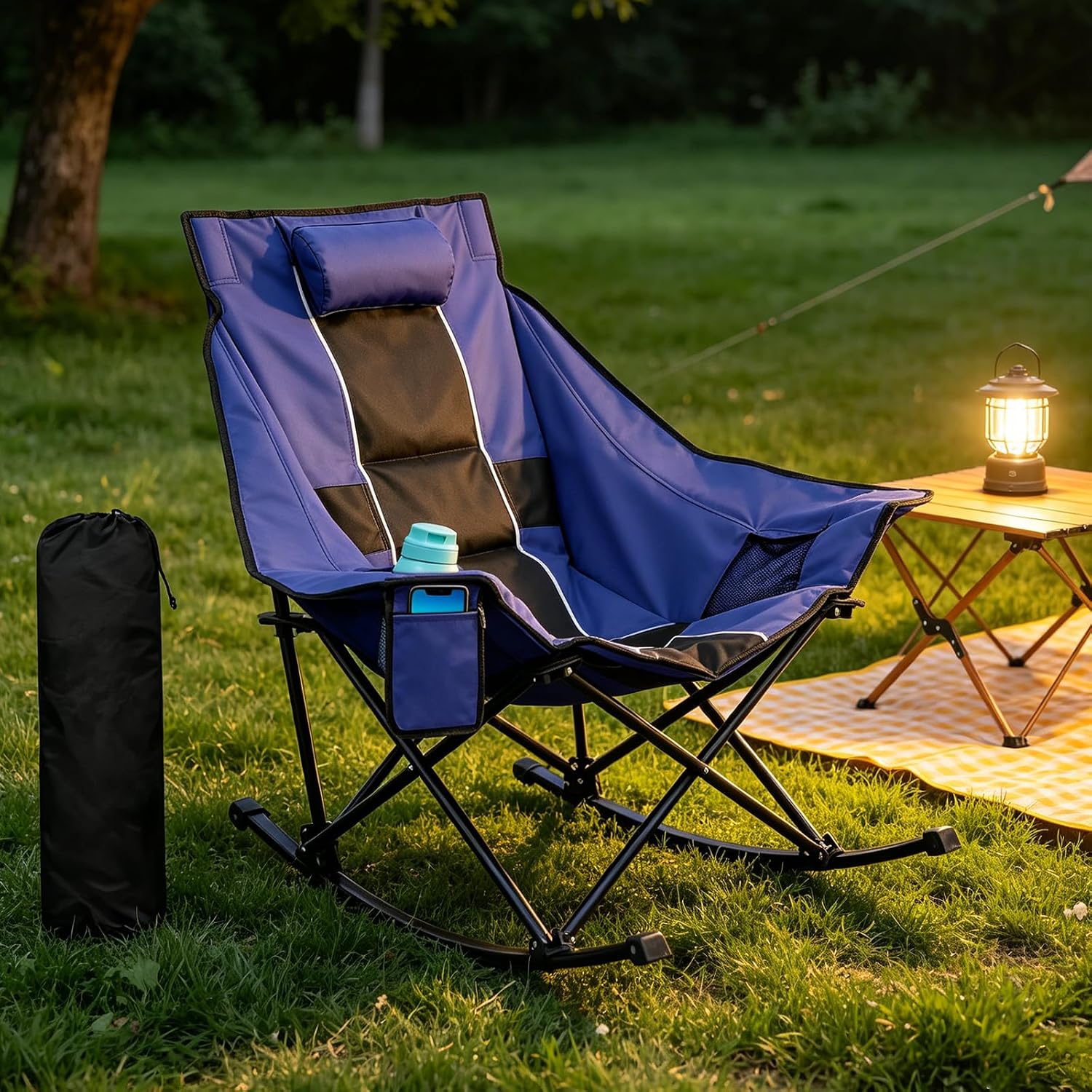 ZENPETIO Oversized Rocking Camping Chair Portable Outdoor Folding Rocker with Padded Headrest and Carry Bag, Heavy Duty Rocker Chair for Camping, Lawn and Patio, Supports 400 lbs, Blue Black