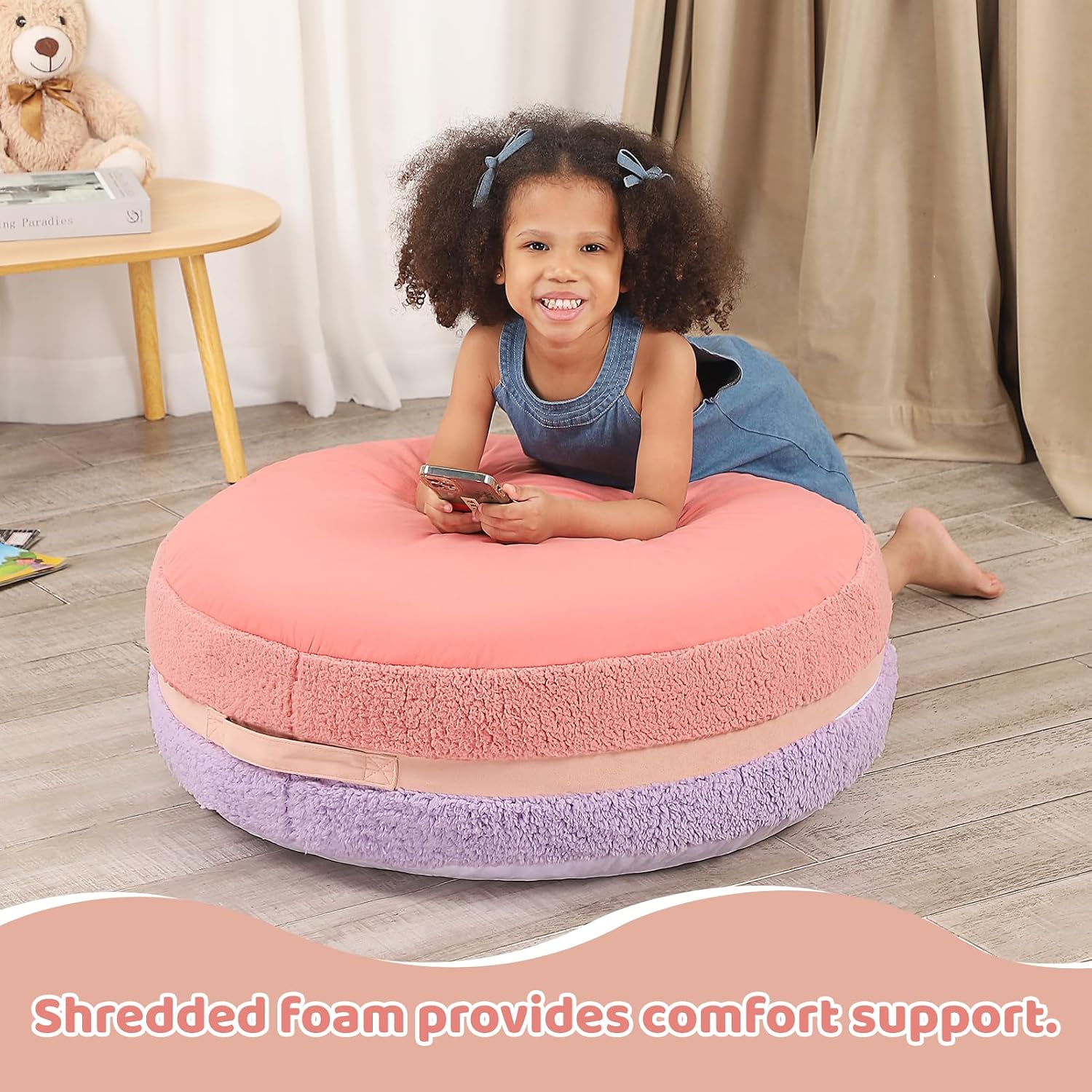 MOMCAYWEX Macaron Bean Bag Chair for Kids and Teens, Medium Bean Bag Sofa with Memory Foam Filling, 27.5"×27.5"×13.5", Purple and Red
