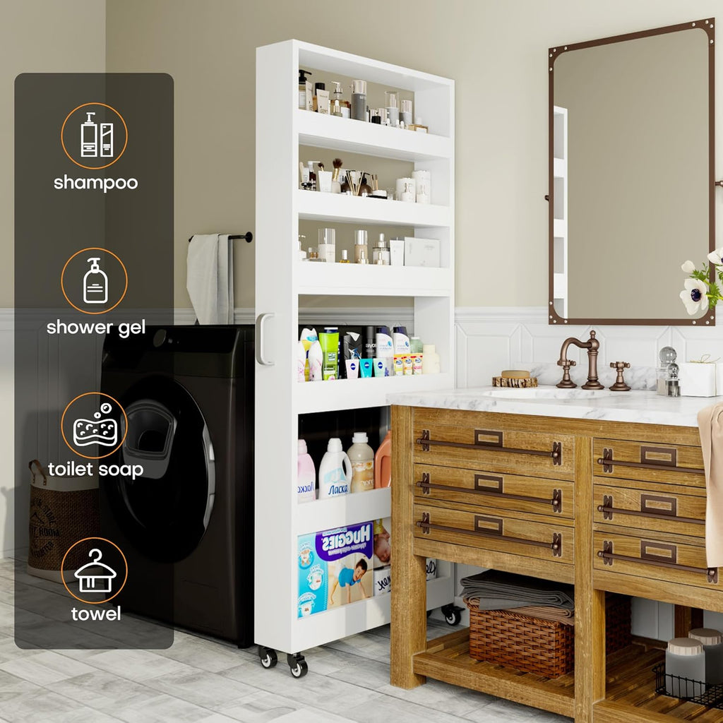 Slim Storage Cart, Lightweight 6 Tier Metal Rolling Utility Kitchen Cart on Wheels, Mobile Storage Shelving Unit Organizer for Bathroom Laundry Office Narrow Places (White, 6" D)