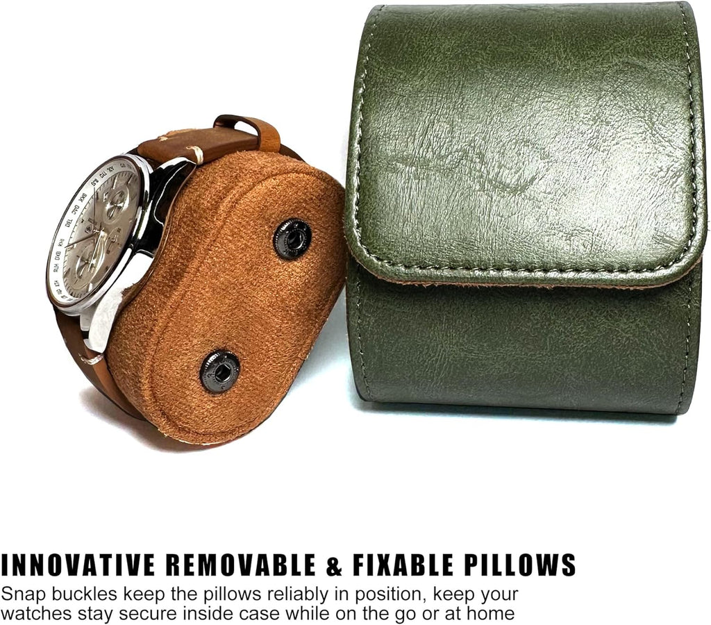 Longjet Watch Roll Travel Case for Men Portable Watches Storage Organizer Box with Removable Velvet Pillow Holder (1 Slot Olive Green)