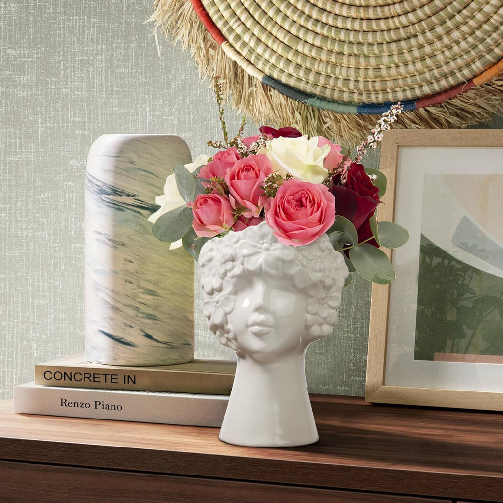 ComSaf White Ceramic Face Vase for Decor,Modern Style Female Form Flower Vase,Unique Flower Vase for Home Living Room Office Decor - Face Type B