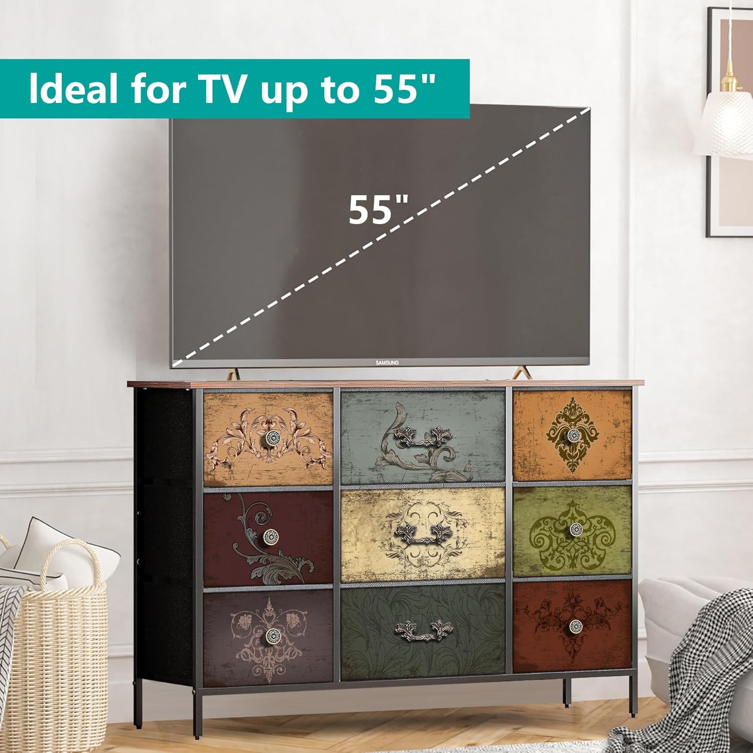 VASICAR Dresser for Bedroom with 9 Deep Fabric Drawers, Wide TV Stand | Horizontal Storage Cabinet, Colorful Chest of Drawers for Closet, Nursery, Entryway, Hallway, Laundry Room