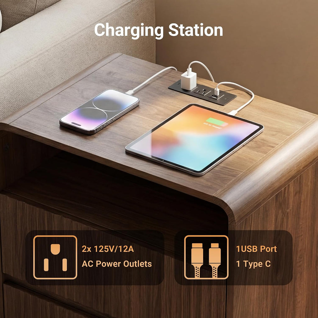 Seang Nightstand Set of 2,Fluted Nightstand with Charging Station & LED Light,Wooden Bedside Table with Curved Profile Design,2 Drawers Storage,Large End Table for Bedroom,Walnut