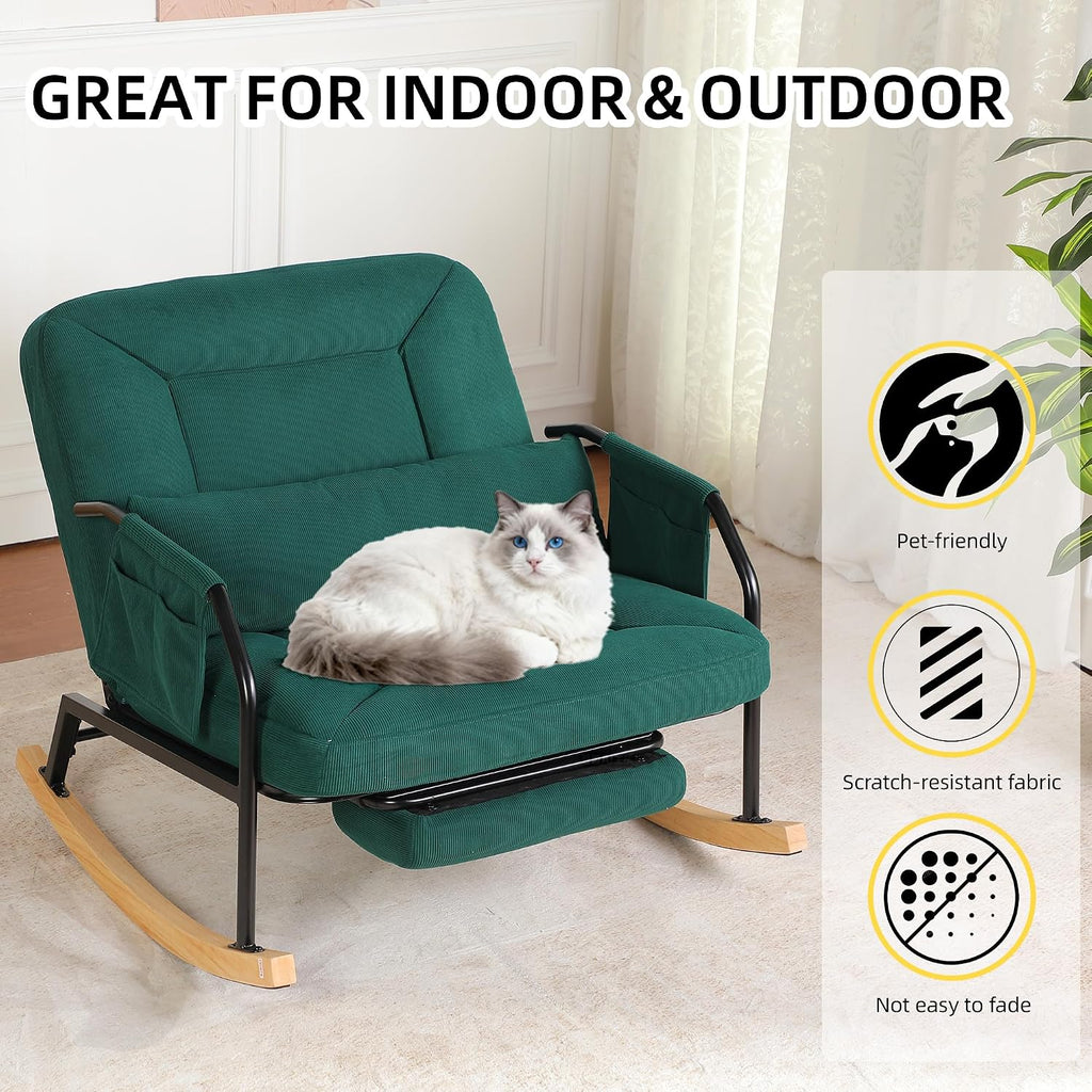 Oversized Reclining Rocking Chair with Foot Rest, 110°–160° Adjustable Backrest, Upholstered Armchair with Side Pocket for Nursery and Living Room, Green