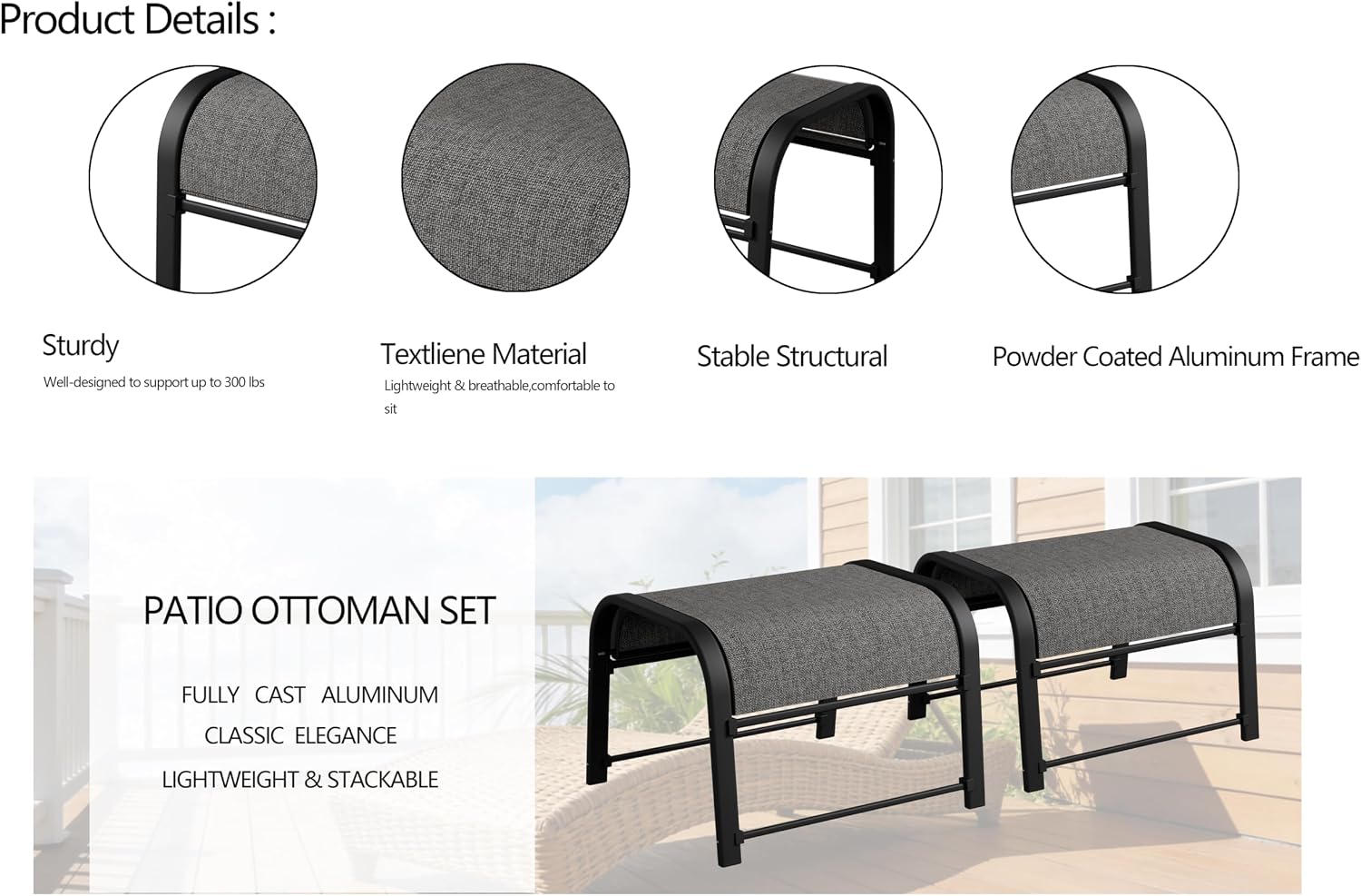 Outdoor Footstool Ottoman with Sturdy Metal Frame & Breathable Textilene Fabric, All-Weather Portable Footrest for Patio, Lawn, Garden, Poolside, Balcony, Camping, Porch & Indoor Use (1, black)