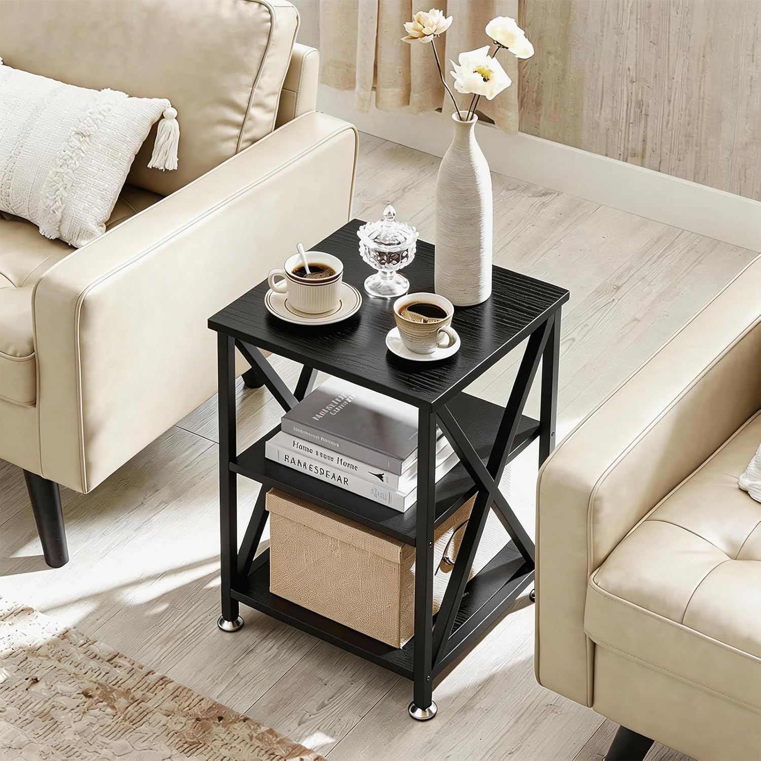 TooCust Square End Table with Storage Shelf, 16" D X 16" W X 24" H, 3-Tier End Table Living Room, Black Metal End Tables, X-Shaped Night Stand for Bedroom, Farmhouse Wood End Tables Black