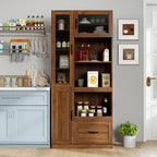 Walnut Kitchen Hutch Cabinet, Farmhouse Buffet Sideboard with Coffee Bar | Slide out tray, clear glass doors, open microwave counter, large bottom drawer, tall pantry cupboard, storage unit