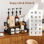 Homeiju Coffee Syrup Organizer Rack, 2-Tier Coffee Bar Accessories, Bottle Holder Stand with K Cup Storage Drawer for Coffee bar, Wine Rack, Storage Shelves for Syrup. (Rustic Brown)