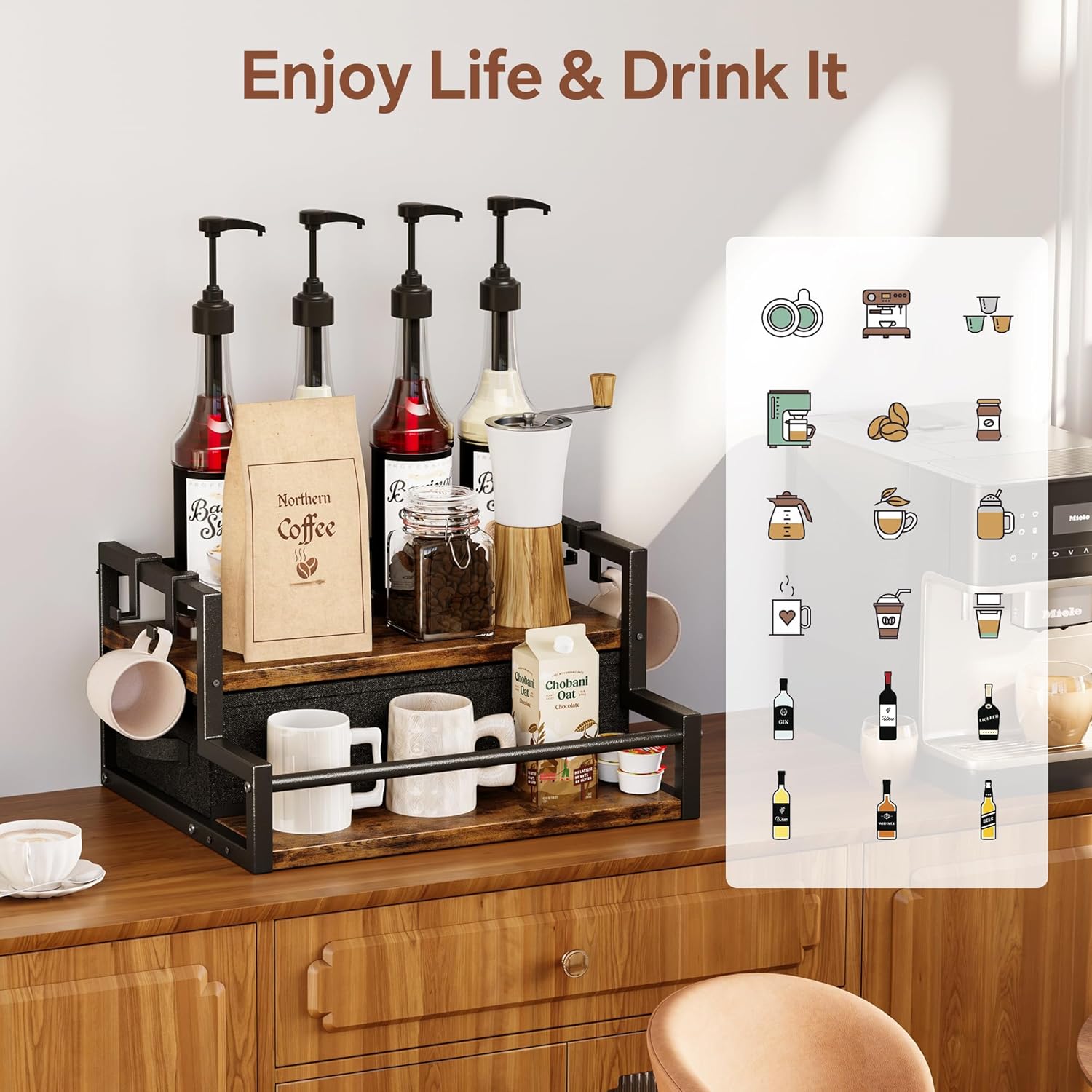 Homeiju Coffee Syrup Organizer Rack, 2-Tier Coffee Bar Accessories, Bottle Holder Stand with K Cup Storage Drawer for Coffee bar, Wine Rack, Storage Shelves for Syrup. (Rustic Brown)