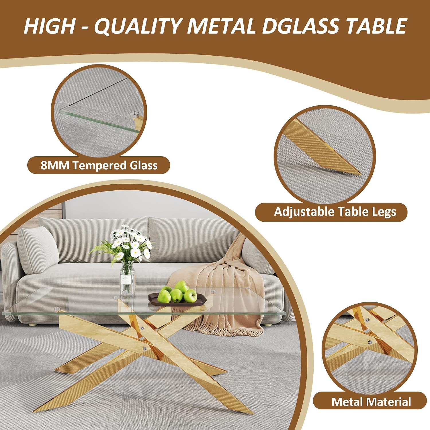 Square Glass End Table 23 Inch with Tempered Glass Top and Metal Tubular Legs for Living Room Home Office, Gold