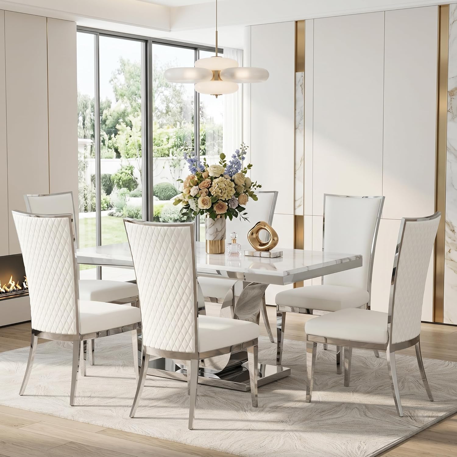 AUZ White and Silver Dining Chairs, Modern Velvet Upholstered Dining Room Chairs with High Back and Mirrored Metal Legs for Restaurant Kitchen, Set of 2