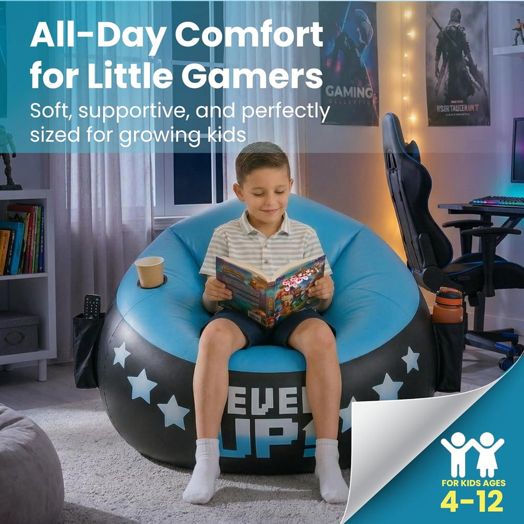 Inflatable Gaming Chair for Kids – Supports Up to 300 lbs, Includes Air Pump, Cup Holder, 2 Pockets – Durable Bean Bag Seat, Comfy Kids Gaming Chair & Top Gamer Chairs for Kid Room