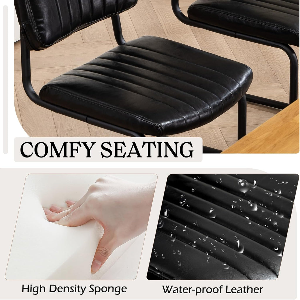 Cantilever Dining Chairs Set of 6, Mid Century Modern Dining Chairs with Black Metal Legs, Upholstered Leather Kitchen Chairs, Armless Cantilever Chair for Kitchen & Living Room, Black