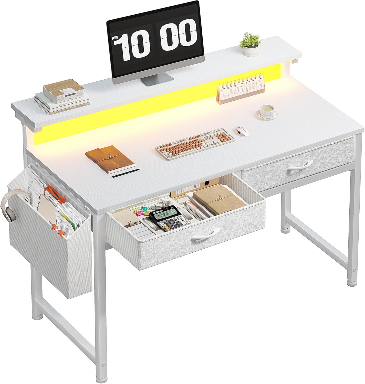 DurayLoly Computer Desk with 2 Drawers & LED Lights,31Inch Home Office Desks with Side Pocket and Monitor Stand,Study Writing Table for Small Spaces,White