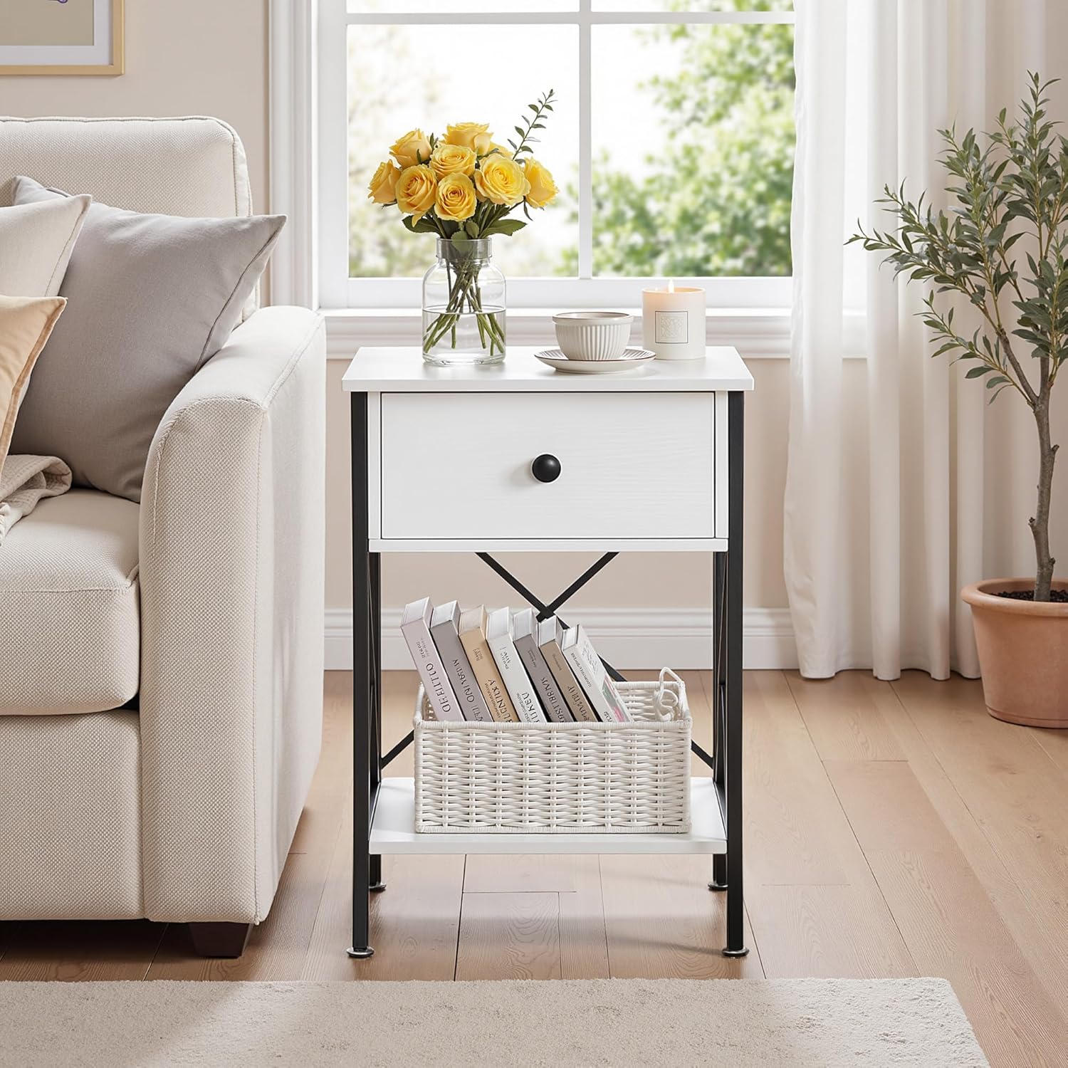 VECELO Nightstand,Modern Bedside End Table, Night Stand with Drawer and Storage Shelf for Living Room Bedroom, Industrial Metal Frame