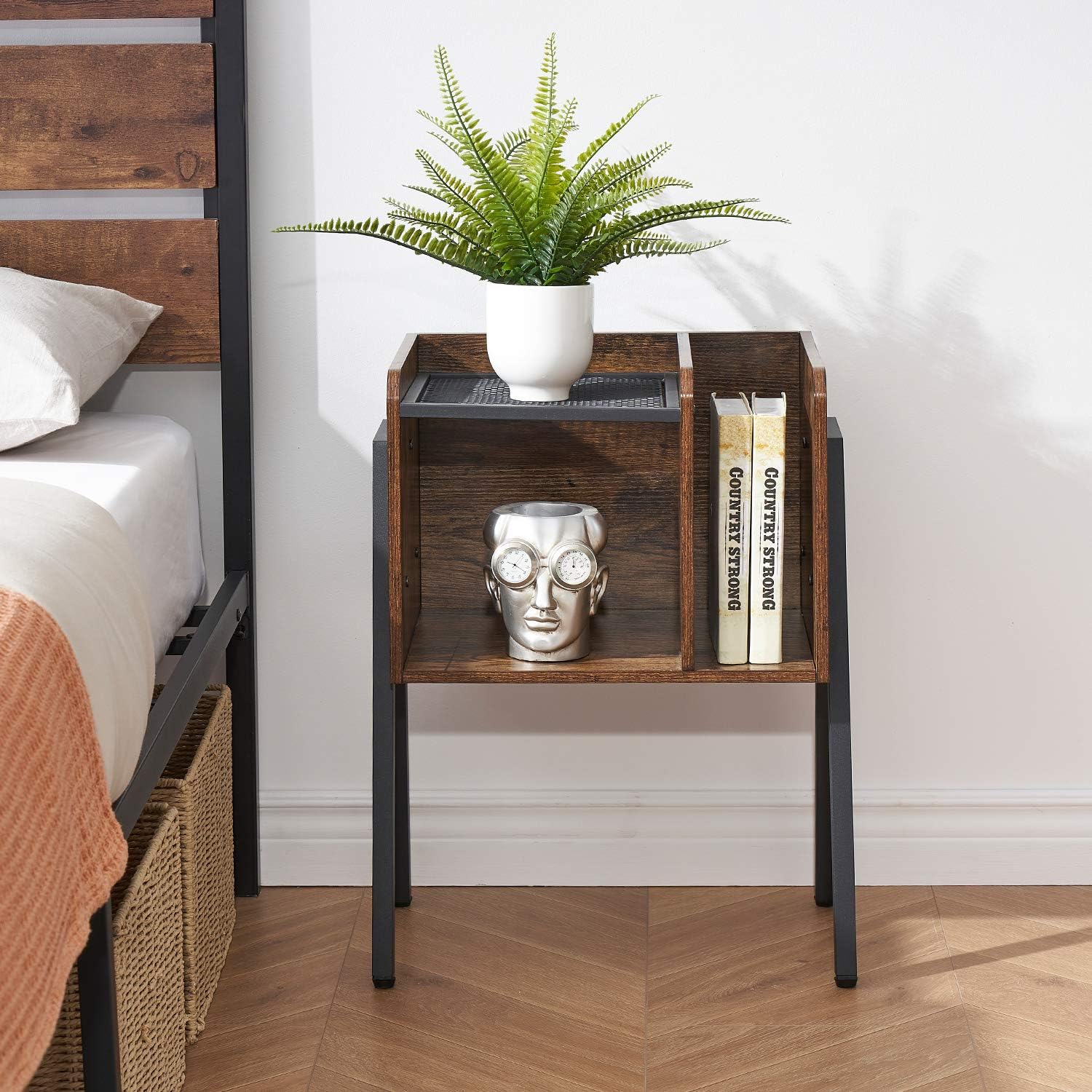 VECELO Night Stand Industrial End Table,Bedside Table with 2-Tier Open Storage Compartments,Wood Side Table with Metal Frame for Bedroom, Living Room and Small Spaces