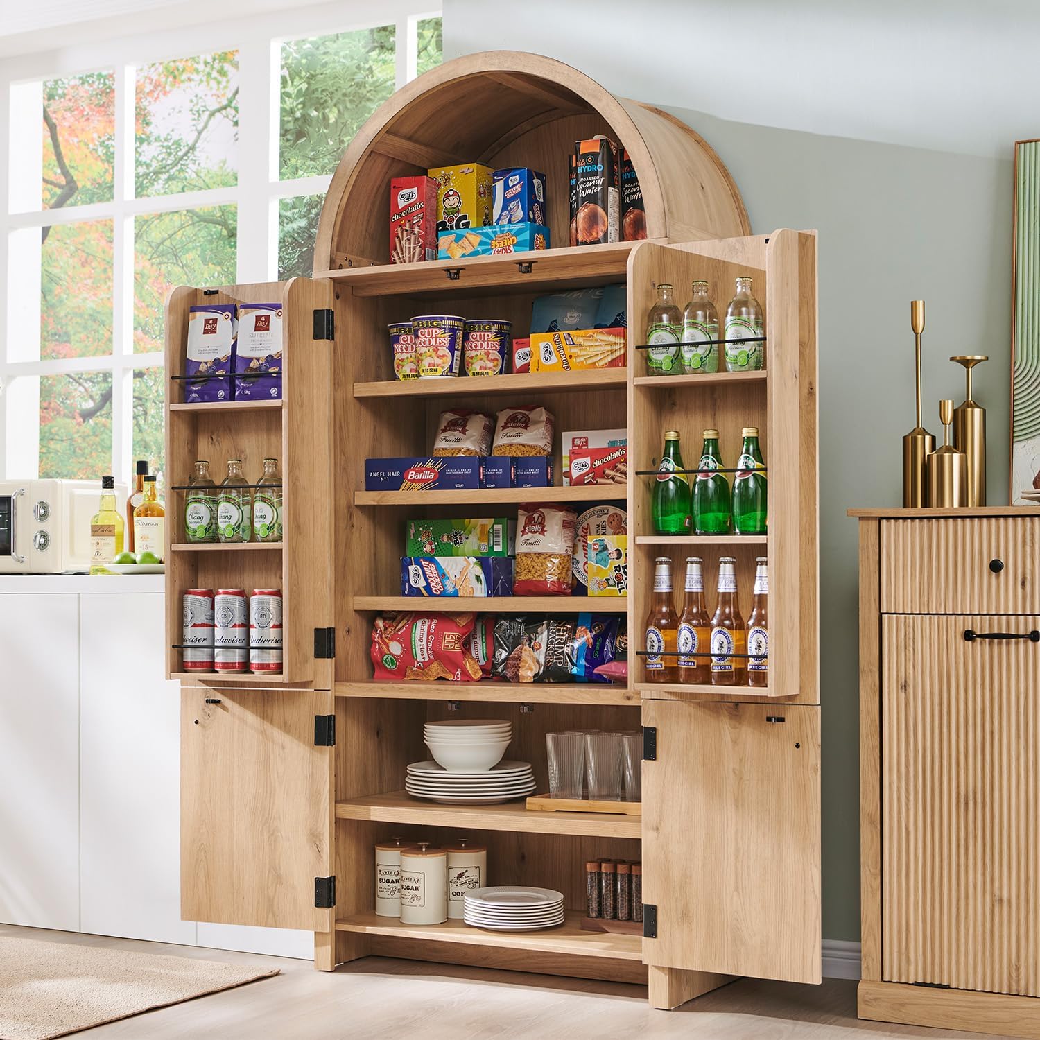 IFGET 71" Tall Arched Kitchen Pantry, Modern Fluted Wood Storage Cabinet with Doors, 3 Adjustable Shelves, 6 Door Shelves, Organizer, Versatile Cupboard for Kitchen, Bathroom, Natural