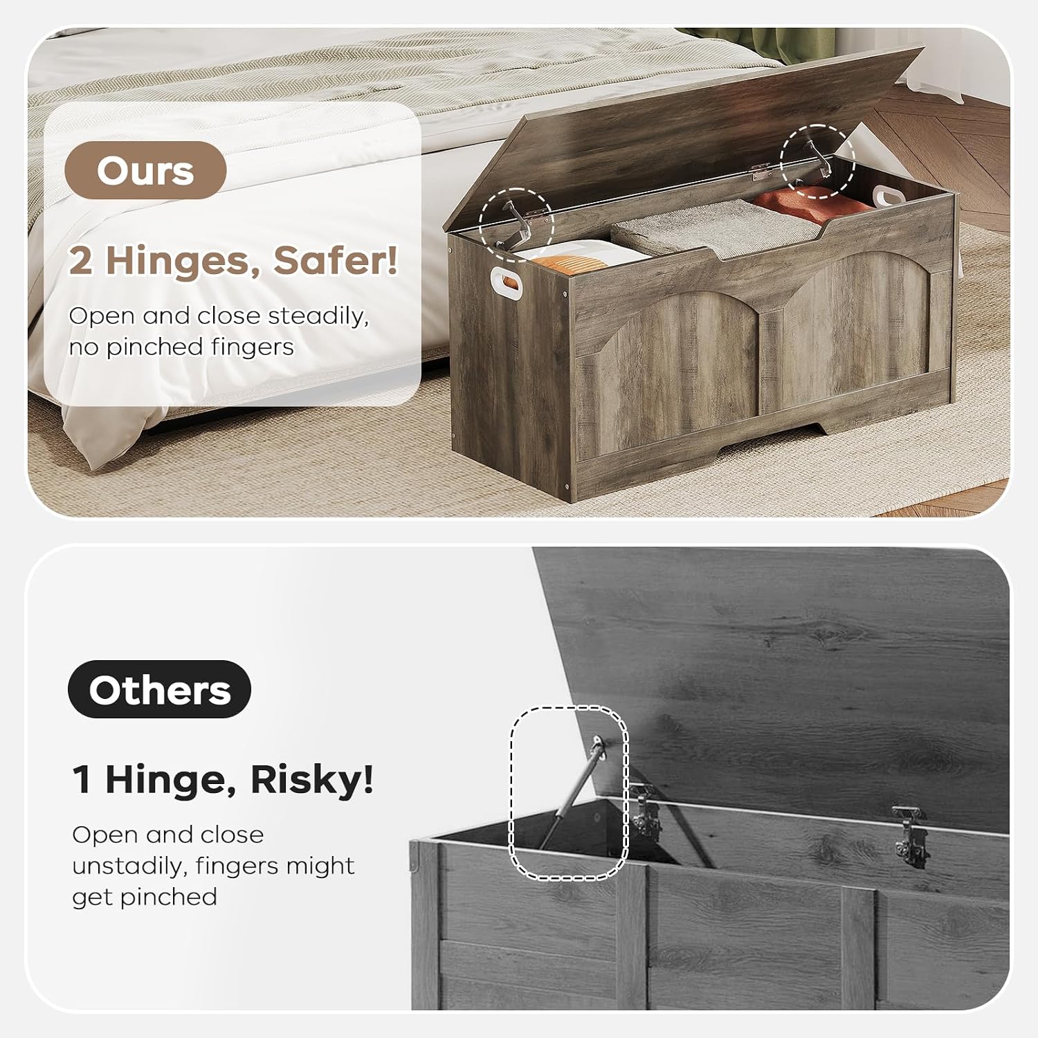Storage Chest, 31.5" Retro Wooden Storage Trunk Bench with 2 Safety Hinges, Entryway Bench, U-Shaped Opening, Easy Assembly, 31.5" x 15.7" x 18.3" Storage Chest Box Organizer Bench, Light Greige