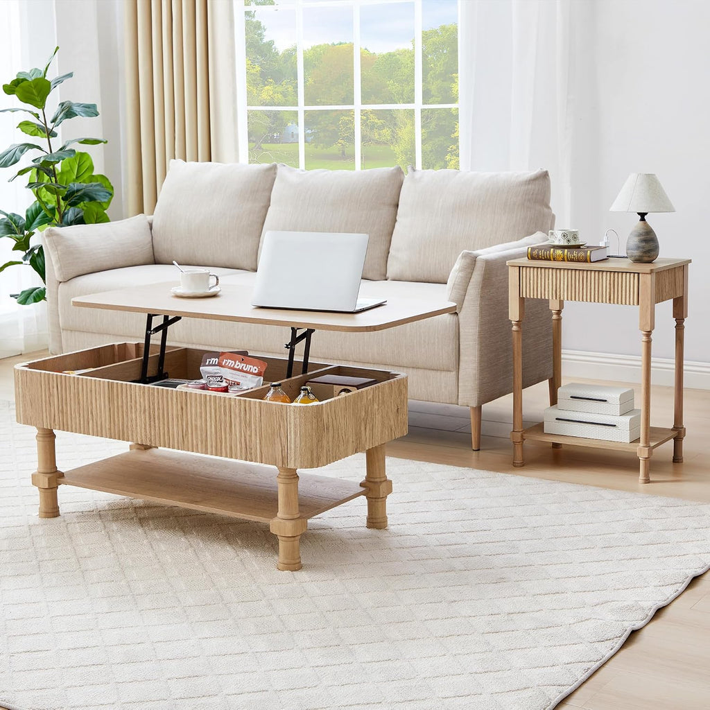 23.6” Large End Table with Charging Station,Modern Farmhouse Side Table with Drawer&Open Shelf, Fluted Wood Bedside Table Sofa Tables Night Stand for Bedroom Living Room Home Office,Natural