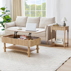 23.6” Large End Table with Charging Station,Modern Farmhouse Side Table with Drawer&Open Shelf, Fluted Wood Bedside Table Sofa Tables Night Stand for Bedroom Living Room Home Office,Natural