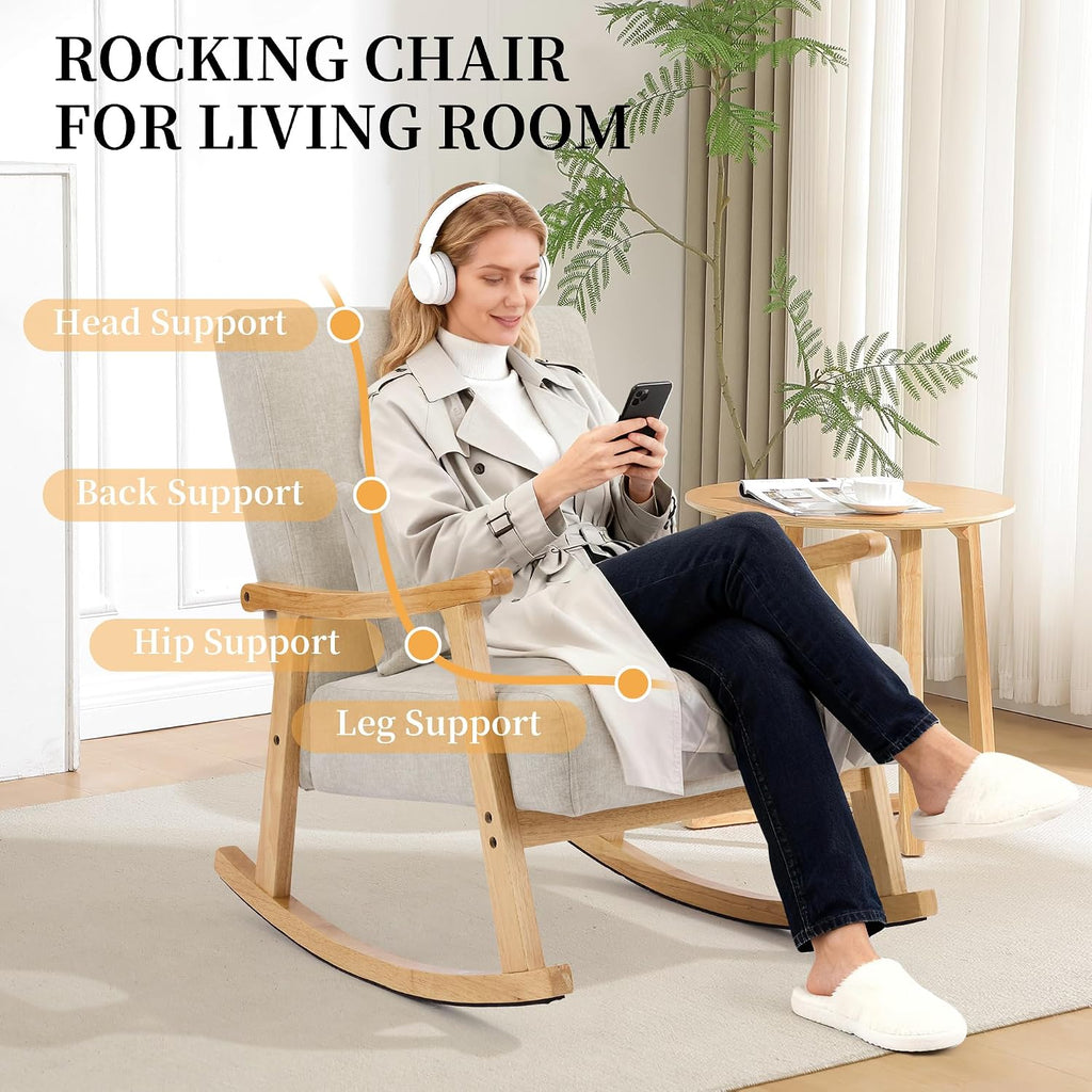 SAETSFEG Rocking Chair for Nursery with Lumbar Pillow, Upholstered Accent Chair with Solid Rubberwood Frame, Living Room & Bedroom, Cozy Reading Chair for Small Spaces, Lightgrey